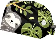 [WOSHJIUK] Working Hat 2 Pack Scrub Caps for Women,Tropical Palm Leaves Animal Sloths,Tie Back Cap Adjustable Scrub Hat