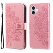 For iPhone 16 Plus Case, PU Leather Mandala Cover, Rose Gold