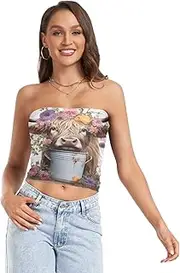 [RPLIFE] Highlands Cow and Flowers Crop Tube Tops for Women, Sexy Tube Tops, Sheer Tube Tops, Summer Clothing (S)