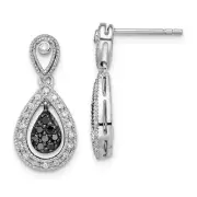 925 Sterling Silver Black White Diamond Double Teardrop Dangle Earrings