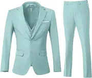 [ZKHOECR] Men's 3 Piece Slim Fit Suit Set, Two Button Blazer Solid Jacket Vest Pants Wedding Business Suit, Mint Green, 6X-Large