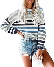 [KIRUNDO] 2023 Fall Winter Women's Striped Color Block Short Sweater Long Sleeve Crew Neck Casual Loose Knit Pullover Tops