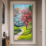 Art Wall Decoration Hand Painted - Sakura Tree Scenery Texture Painting Large Size Sofa Hanging Painting,On Canvas Wall for Living Room Bedroom Home Stairway Decor,As Shown,80 X 160 Cm(32"X63")