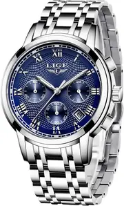 LIGE Watches Mens Full Stainless Steel Waterproof Analog Quartz Watch Men Chronograph Calendar Business Wristwatch for Men