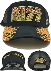 [Cult of Individuality] New KISS Flames Mesh Trucker Black Red Yellow Era Snapback Hat, Black, One Size