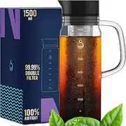 100% Airtight Cold Brew Glass Coffee Maker Iced Tea Maker Juice Water Carafe Server with Removable Permanent Double Mesh Stainless Steel Filter (1.5L)