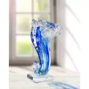 Blue Ocean Wave Sculpture Hand Blown Favrile Glass Art Nautical Coastal Decor