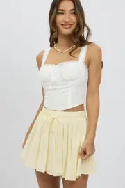 Yellow Mini Skirt Elastic Waist Volume Textured Cotton - Size 16XL, Women's Mini Skirt