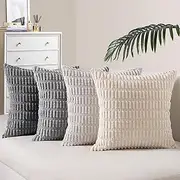 Topfinel Throw Pillow Covers 4 Packs,Soft Solid Soft Striped Corduroy Rustic Pillowcase,Farmhouse Boho Square Cushion Case for Couch Living Room Car (Neutral Grey, 20x20)
