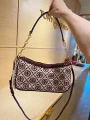 Tory Burch T Monogram Jacquard Zip Shoulder Bag burgundy