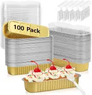 100-Pack Disposable Mini Loaf Pans with Lids and Spoons - Gold Aluminum