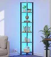 6-Tier Corner Shelf with LED Light, Industrial Corner Ladder Shelf, Rustic Display Shelf for Living Room, Bedroom, Kitchen, Home Office, Sturdy Frame, Rustic Brown and Black UJSJ002F
