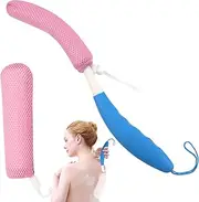 15.35" Back Bath Brush with Sponge,Back Scrubber Bath Mesh with Anti-Slip Curved Long Handle Bath Body Brush for Elderly Aid Bathing and Shower（Green）