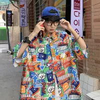 在飛比找蝦皮購物優惠-IFNICEFUTURE 韓版潮流冰絲襯衫 男寬鬆港風卡通滿