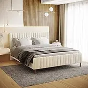 Platform Bed Frame Velvet Fabric Upholstered Bed Base with Headboard & Footboard (White, King)