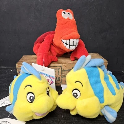 3 Disney Store Little Mermaid Characters Flounder & Sebastian Beanie Plush NWT!