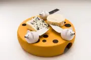 Mobi Cheese Serving Board and Tray with Cheese Motif and Mouse Handles. Board