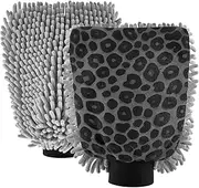 XYMZR Grey Leopard Black Print Absorbent Microfiber Car Wash Mitt, Funny Cute Anime Scratch Free for Cars Cleaning, Home Cleaning Mitts, 2 Pack, 10.24” L x 7.09” W