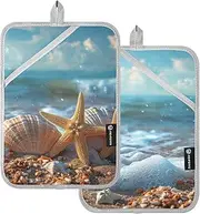 AIXIWAWA Pocket Pot Holders 2 Pack Beach Starfish Print, Insulated Heat Resistant Hot Pads Oven Mitts for Kitchen Cooking Baking 7x9.8 in