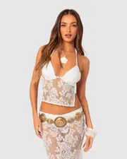 EDIKTED Womens Bess Open Back Sheer Lace Top WHITE