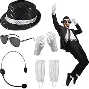 7PCS MJ Costume Accessories Adults, Disco Costume Set with Sequin Hat Head Microphone Sunglasses Sequin Gloves Silver Sock, 1980’s Dancer Rocker Star Fancy Dress Cosplay Halloween Party Dress Up Props