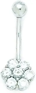 [Generic] 14ct White Gold CZ Cubic Zirconia Simulated Diamond 14 Gauge Dangling Flower Body Jewelry Belly Ring Measures 24x10mm Jewelry Gifts for Women