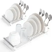 E-ROOM TREND Extendable Dish Drying Rack for Kitchen Counter, Small Dish Drying Rack, Dish Drainer with Drainboard Trays for Cups Dishes Cutlery, Carbon Steel, White(DR401W)