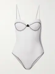 [Marysia] Marysia - Salento Embellished Embroidered Seersucker Underwired Swimsuit - White - large large White
