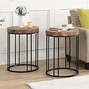 IHOMDEC End Table Set of 2, Round Side Table, Accent Table Patio Table Nightstand with Metal Frame, Industrial Coffee Table Bedside Table for Living Room, Bedroom, Garden, Rustic Dark Brown