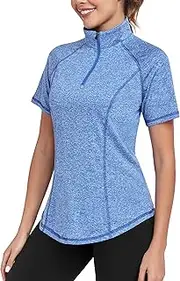 [DUVOWE] Sports Shirt Women's Short Sleeve Functional T-Shirt Women's Sports Tops Gym Workout Tops Running Shirt Fitness Short Sleeve with 1/4 Zip, Blue, 3XL