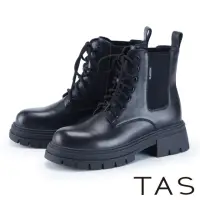 在飛比找momo購物網優惠-【TAS】英倫風真皮綁帶鋸齒厚底短靴(黑色)