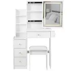 Bedside Vanity Table w/ Stool, LED Mirror & Power Station