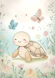 Happy Turtle and Butterflies Nursery Kids Room Wall Art Print 8.5"x11"