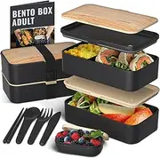 [Bentoheaven] Premium Bento Box Adult Lunch Box with 2 Compartments (1200ml), Cutlery & Set of Chopsticks, Large Dip Container, Cute Black Japanese Bento Box, Rectangle, Microwavable (Symph-Onyx)
