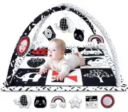 Black and White Baby Gym Play Mat with 6 Toys Tummy Time Activity Mat for