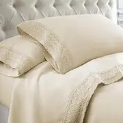 Amrapur Overseas | 4-Piece 100% Microfiber Crochet Lace Bed Sheet Set (Linen, King)