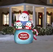 6.5 GEMMY POLAR BEAR & PENGUINS IN HOT COCOA MUG Airblown Lighted Inflatable