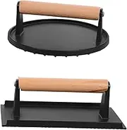 Rectangle Sandwich Maker Burger Press for BBQ Nonstick Meat Smasher Wooden Handle Cast Iron Grill Press