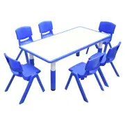120x60cm Kids Blue Height-adjustable Whiteboard Drawing Table & 6 Blue Chairs Set