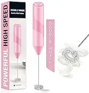 Double Whisk Milk Frother, Handheld Electric Blender stick, Drink Mixer with Food Grade Stainless Steel Stirrer, Battery Operated Foam Maker for Coffee, Cappuccino, Matcha,Hot Chocolate Latte, in Pink