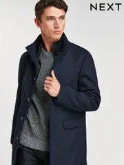 Navy Blue Wool Blend Mock Gilet Herringbone Padded Coat (249158) | $180