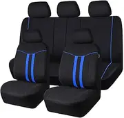 CAR-GRAND Universal Stylish Piping Cloth Car Seat Covers Full Set, Breathable and Washable Seat Covers with Air Compatible,3 Zipper Bench Design,Fit 90% Automotive,SUV,Truck,Sedan (Black-Blue Strips)