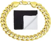 [The Bling Factory] 14k Yellow Gold Plated 9mm Beveled Cuban Curb Link Chain Bracelet + Microfiber Jewelry Polishing Cloth