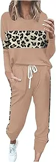 [SHOPESSA] Lounge Sets for Women 2 Piece Outfits Long Sleeve Leopard Patchwork Pants Set Long Sleeve Lounge Pants Set for Women, Khaki, L, Khaki, L