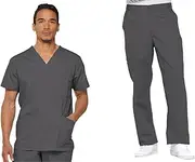 [Dickies] EDS Signature Men Scrubs Set 81906 V-Neck Top & 81006 Zip Fly Pull-On Pant, Pewter-L Top/L Pant, White, Large Top / Medium Pant