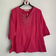 NEW Susan Graver Pink Gauze Tunic Top Embellished Plus Size 1X Roll Tab Sleeve