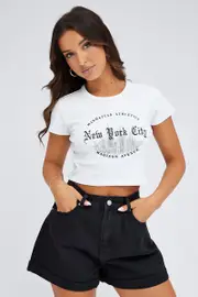 White Graphic Baby Tee Short Sleeve Round Neck - Size XXS, Women's Graphic Tee