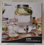 Jar Style 5 Piece Glass Beverage Dispenser Set inc 4 Mugs w/ Handle/Lid LexiHome