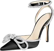 MIRAAZZURRA Rhinestone Bow Heel Sandals Double Bow Crystal Satin Point Toe Stiletto High Heels with Ankle Strap for Bridal Wedding Party