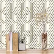 Gold and White Geometric Wallpaper Peel and Stick Wallpaper Hexagon Removable Self Adhesive Wallpaper Gold Contact Paper for Cabinets Geometric Bathroom Wallpaper for Drawer Liner Waterproof17.7”×197”